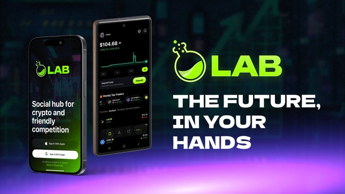 A promotional advertisement for a crypto app called 'LAB' showing two smartphone displays with the tagline 'THE FUTURE, IN YOUR HANDS' and described as 'Social hub for crypto and friendly competition'.
