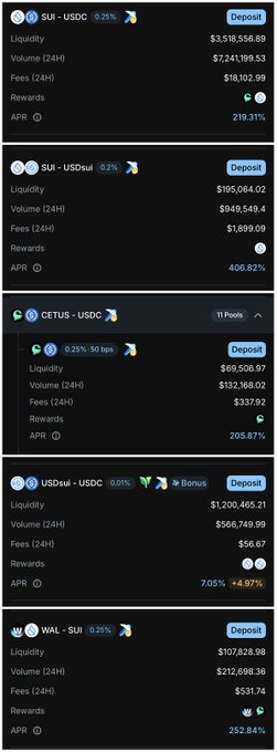 The image displays a Cetus liquidity pool dashboard listing five pools—SUI/USDC (219.31% APR), SUI/USDsui (406.82% APR), CETUS/USDC (205.87% APR), USDCul/USDC (7.05% APR with +4.97% bonus), and WAL/SUI (252.84% APR)—showing liquidity, 24H volume, fees, and rewards. The data supports the post's message that Cetus is offering high-APR LP opportunities across a variety of trading pairs.