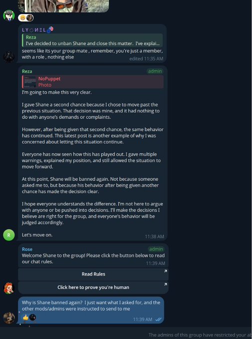 A screenshot of a Discord chat where an admin named Reza explains banning a member named Shane for repeated issues and not listening to admins.