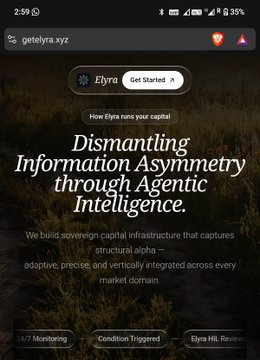 The image shows an open webpage with a green background, displaying information about a cryptocurrency called ELYRA. The text on the page explains that ELYRA runs your capital through its innovative architecture, which captures structural Alpha - a unique approach to investing in cryptocurrencies. The website also mentions that it is built on a market domain and has been prioritized for usability by focusing on making trading less intimidating for everyday users using AI.