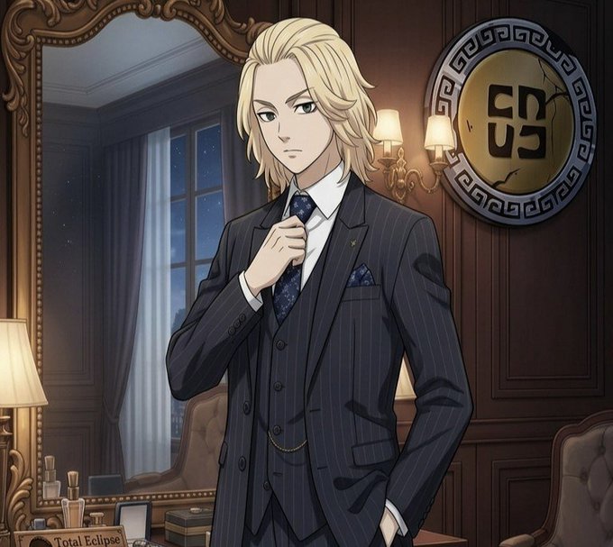 The image features a man dressed in a suit, standing in front of a mirror while adjusting his tie. The scene takes place in an office setting, as indicated by the presence of chairs and books nearby. The focus of the image seems to be on the man's appearance and attire rather than any specific Web3 project or event.