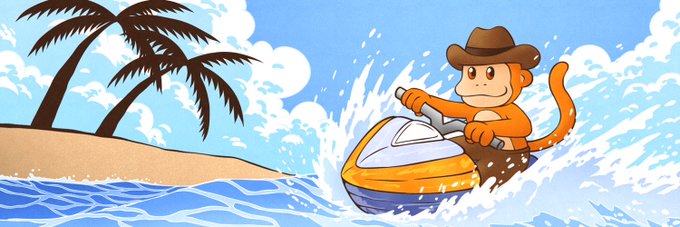 A cartoon monkey wearing a cowboy hat rides a jet ski through ocean waves near a tropical island with palm trees, fitting the giveaway's theme of "special weekend" fun. The playful, energetic illustration accompanies a $500 giveaway promotion asking participants to like, retweet, and comment with proof and wallet details.