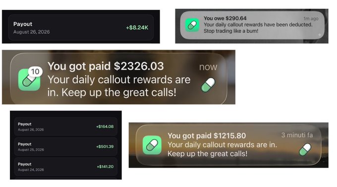 Several screenshots of mobile app payout notifications, including messages like 'You got paid $2326.03' and 'Your daily callout rewards are in', alongside a list of payouts totaling over $8.24K dated August 26, 2026.