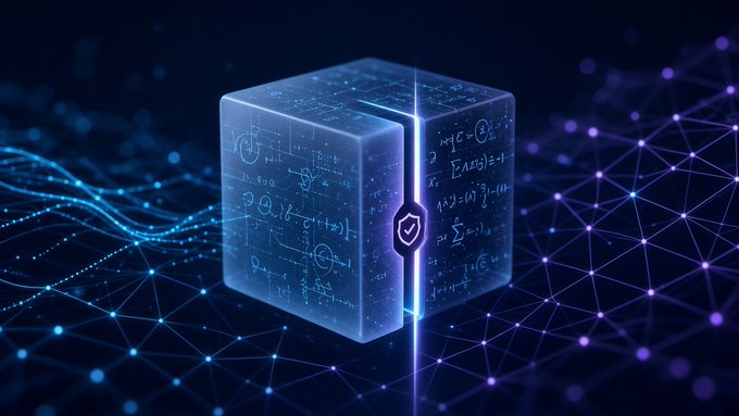 A glowing blue, semi-transparent cube covered in mathematical formulas and circuit-like markings floats over a dark network of connected lights, with a vertical beam and a shield-check icon at its center.