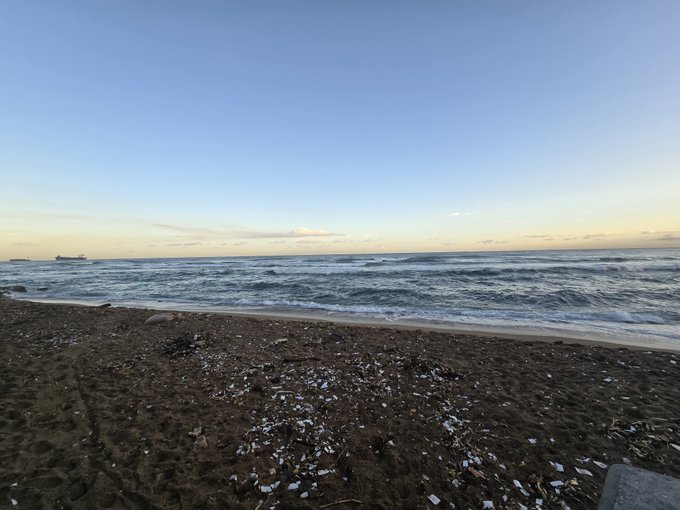 A beach scene at dusk or dawn with calm waves, a ship on the horizon, and significant litter scattered across the sandy foreground.