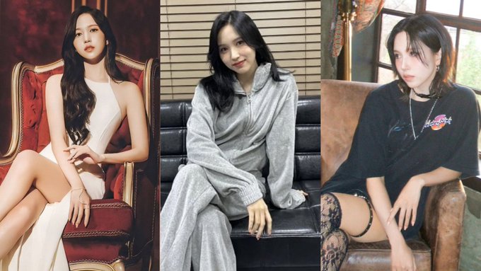 A three-panel photo collage showing the same young woman in different outfits: a white halter dress on a red chair, a gray zip-up tracksuit on a leather couch, and a black t-shirt with lace stockings on a brown chair.
