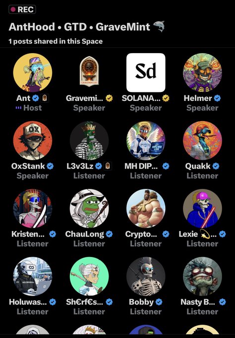 A Twitter Spaces recording titled 'AntHood • GTD • GraveMint' showing 1 shared post, with host Ant and speakers including Gravemint, SOLANA, and Helmer among a grid of listener avatars.