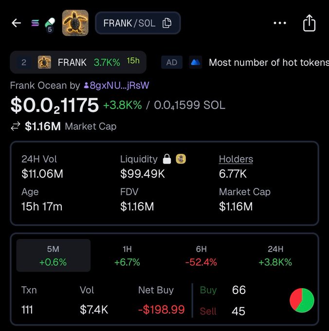 A screenshot shows the trading page for the Solana meme coin $FRANK, displaying a price of $0.021175 with a +3.8% gain over 24 hours and a $1.16M market cap, aligning with the post noting the token's viral TikTok origin featuring a baby turtle named Franklin.