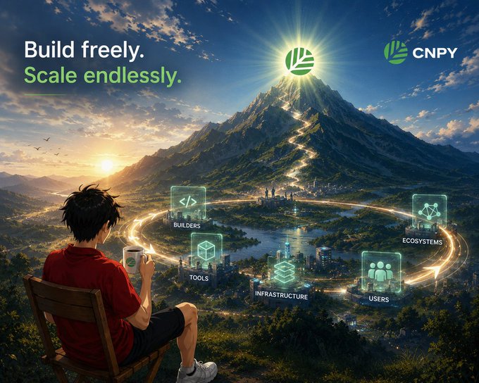 A promotional graphic for CNPY with the tagline 'Build freely. Scale endlessly.', showing an anime-style character looking out over a futuristic city with glowing icons for BUILDERS, TOOLS, INFRASTRUCTURE, USERS, and ECOSYSTEMS.