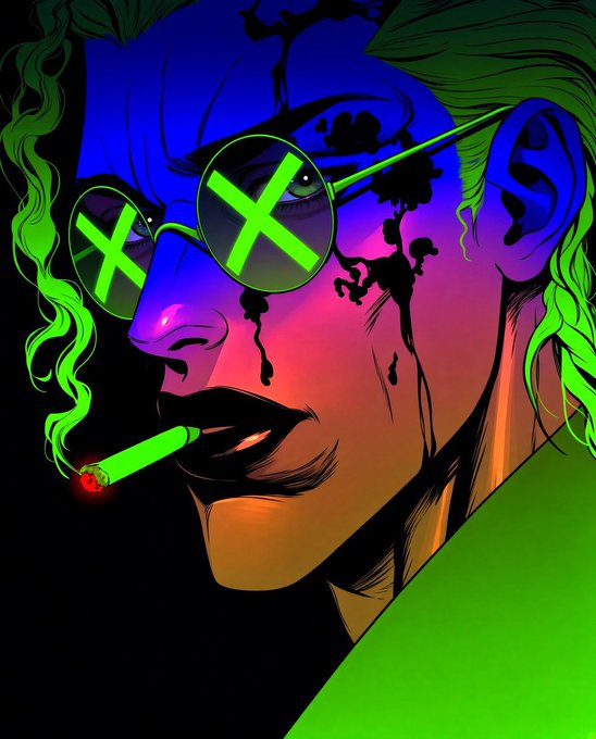 A vibrant, stylized comic book illustration of a person with green hair smoking a glowing green cigarette, wearing green-rimmed sunglasses with X marks over the lenses.