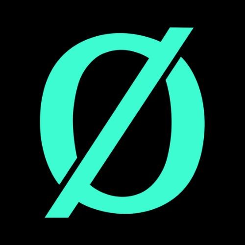 A minimalist logo featuring a teal circle with a diagonal line through it on a black background.