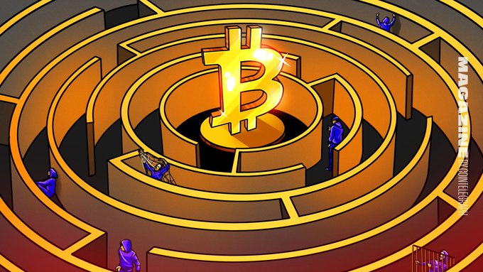 An illustrated maze with a glowing golden Bitcoin 'B' logo at the center, with small figures navigating the concentric circular paths, labeled 'MAGIC HILL'.