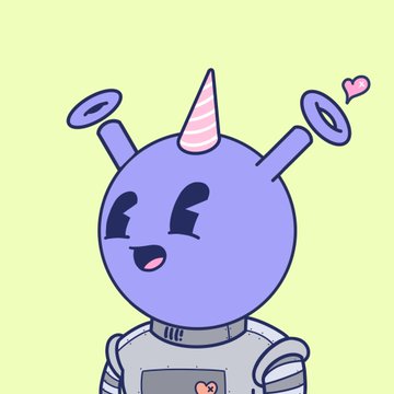 A cartoon illustration of a purple unicorn-headed astronaut with a party hat antenna, smiling with a small pink heart floating nearby on a pale yellow background.