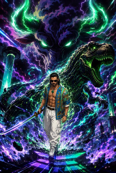 A dramatic digital artwork showing a man in a Hawaiian shirt and sunglasses holding a glowing sword, standing before a massive T-Rex and a giant demonic figure with green lightning.
