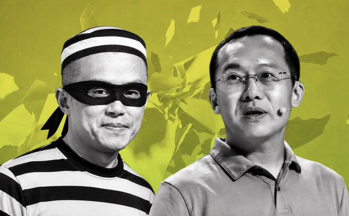 A stylized photo composition showing two men side by side against a bright yellow background with confetti-like shapes; the left figure wears a striped shirt and mask, while the right figure wears glasses and a headset microphone.