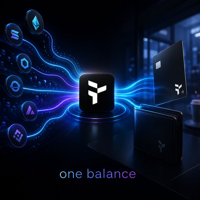 A promotional image shows a glowing crypto wallet logo and card surrounded by floating cryptocurrency symbols (Ethereum, Solana, Polygon, etc.) with the text "one balance" at the bottom.
