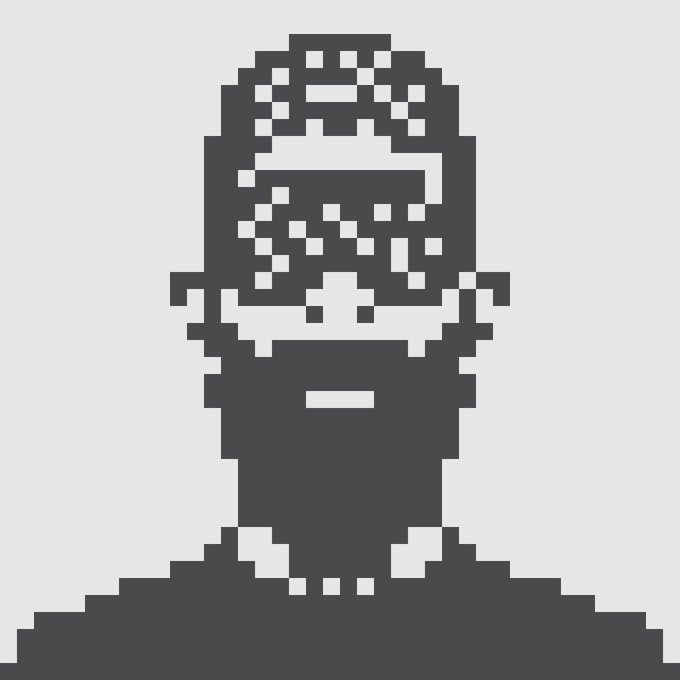 A pixel art illustration of a figure wearing a mask or helmet, depicted in dark gray tones against a white background.