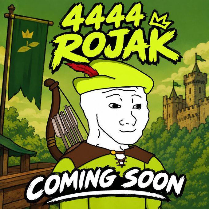 A promotional graphic features the text '4444 ROJAK' and 'COMING SOON' alongside a Wojak-style character dressed as an archer in front of a medieval castle.