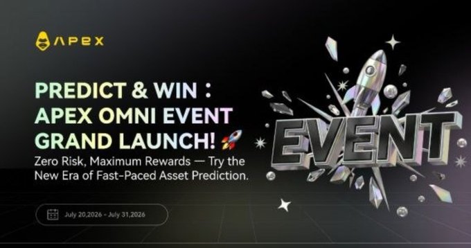 A promotional banner for the 'APEX OMNI EVENT GRAND LAUNCH' predict and win contest running from July 20, 2026 to July 31, 2026.