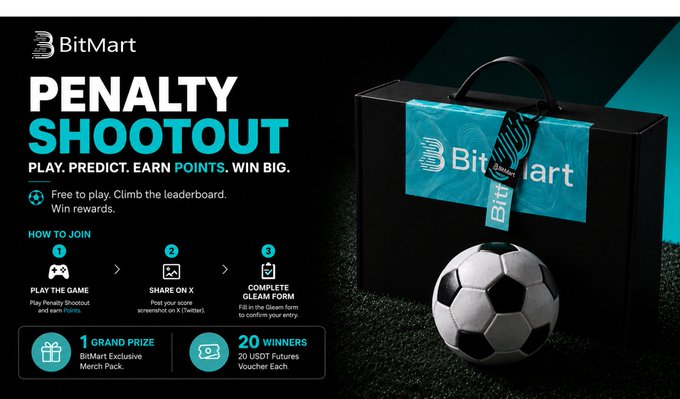 The image features a soccer ball, which appears to be a penalty shootout goal, placed next to a black box with a blue label that says "penalty shootout". The background of the image is dark gray, providing contrast for the objects in the foreground. Below the soccer ball and the box, there are two texts: one reads "Penalty Shootout" and another says "Gleam tasks: Gleamio/pDQzx/penaltys ... 1x BitMart World Cup Sports Gift Box 20€". The text "bitmart.com/activity/world" suggests that this image is related to a penalty shootout in the context of a soccer game, and it might be an advertisement for a penalty shootout-related activity or event on a website like Gleamio.
