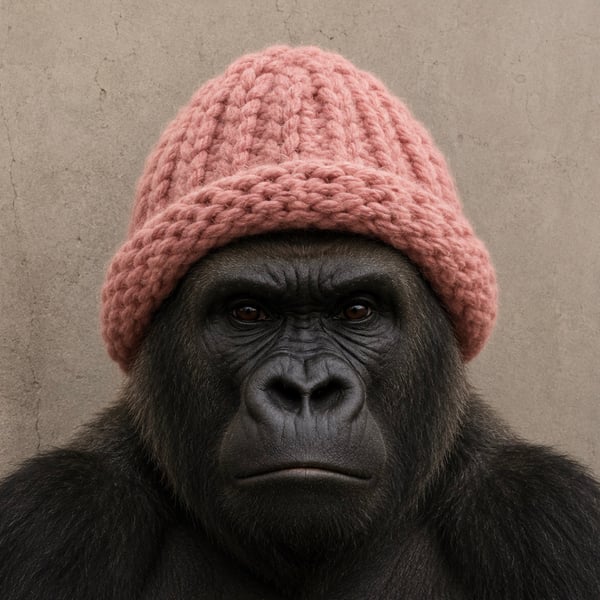 A serious-looking gorilla wearing a chunky pink knit beanie stares directly at the camera against a neutral beige background, embodying the "GORILLAWIFHAT" meme branding for the $GIF token. The image pairs a tough ape aesthetic with the soft, absurd contrast of the pink hat to match the playful, meme-driven tone of the token launch announcement.