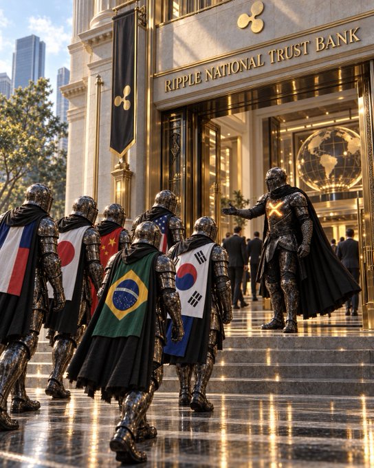 A group of armored figures draped in national flags (including Brazil, South Korea, the US, France, and China) ascend the steps of "Ripple National Trust Bank" toward a cloaked leader with an XRP emblem on his chest, while businesspeople enter behind them. The image visually reinforces the post's message that global adoption of XRP is accelerating, urging holders to learn about it now before the rest of the world catches up.