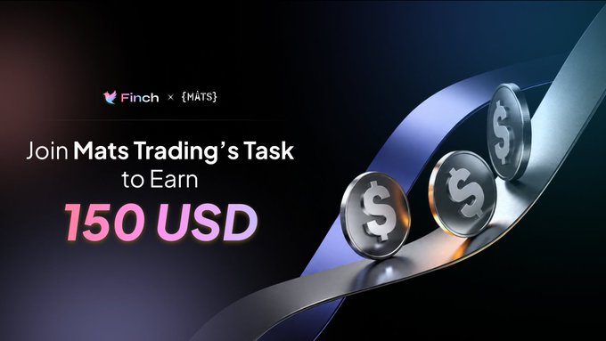 A promotional graphic with a dark gradient background features a sleek ribbon of silver and purple on the right side, along which three 3D silver dollar coins are sliding, illustrating a flow of money. The top-left corner displays the logos "Finch × {MATS}", and the main text reads "Join Mats Trading's Task to Earn 150 USD" in white and pink lettering, highlighting the 150 USDC bounty offered in the accompanying Finch task post.
