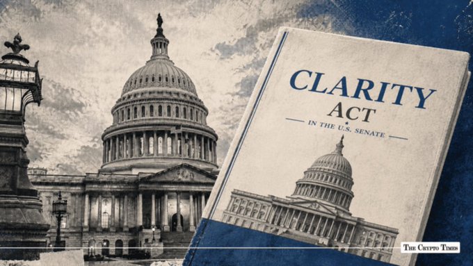 Image of the U.S. Capitol building alongside a document titled 'CLARITY ACT IN THE U.S. SENATE' from The Crypto Times.