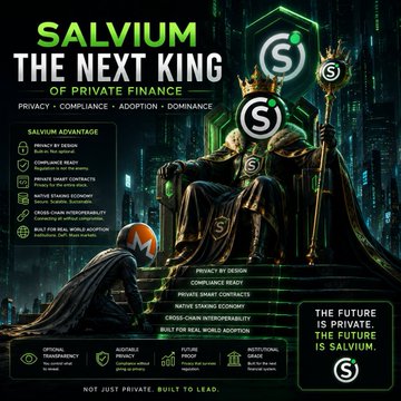 A promotional graphic declares "SALVIUM - THE NEXT KING OF PRIVATE FINANCE" featuring a crowned figure holding a scepter beside a smaller hooded character, with a sidebar listing advantages like "Privacy by Design," "Compliance Ready," and "Cross-Chain Interoperability." The post positions $SALVIUM as a superior next-generation privacy coin alongside $XMR and $AAAR, and the image visually reinforces this claim by crowning Salvium as the "next king" of private finance.