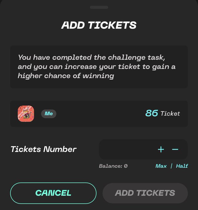 Mobile app screenshot titled 'ADD TICKETS' showing 86 tickets, a ticket number selector with a balance of 0, and Cancel/Add Tickets buttons.