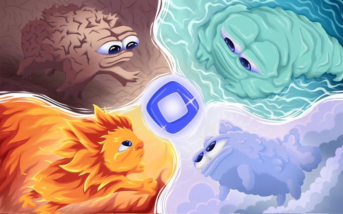 A colorful digital illustration divided into four quadrants featuring stylized creature designs in different environments: a brown creature, a teal water-like being, an orange fire-like creature, and a blue cloud-like figure, with a blue gem in the center.