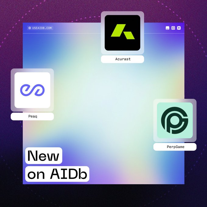 A promotional graphic with a holographic background displaying the logos of three new additions to AIDb: Peaq, Acurast, and PerpGame.