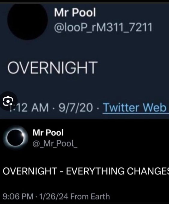 Two Twitter/X posts by accounts 'Mr Pool' (@looP_rM311_7211) and '_Mr_Pool_' featuring the text 'OVERNIGHT' and 'OVERNIGHT - EVERYTHING CHANGES'.
