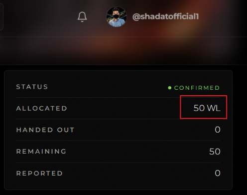 A screenshot of a dashboard for @shadatofficial1 showing a confirmed status with 50 WL allocated, 0 handed out, and 50 remaining, matching the announcement of 50 Hazels whitelist spots being distributed to the community.