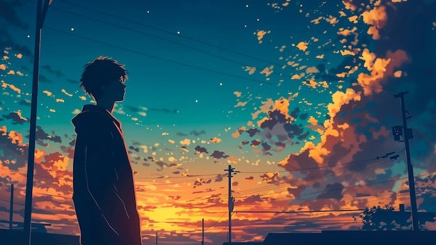 An anime-style illustration of a silhouetted young man standing in profile against a vibrant sunset sky with orange and teal clouds, power lines, and a streetlight.