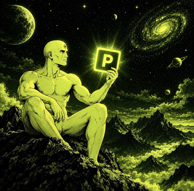 A green-tinted digital illustration of a muscular, bald humanoid figure with a third eye on his forehead, sitting on a rocky peak while holding up a glowing 'P' parking sign against a cosmic background with planets and a galaxy.