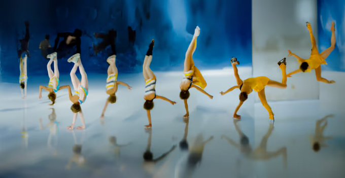 A creative, upside-down photograph of gymnasts performing on mats in a studio.
