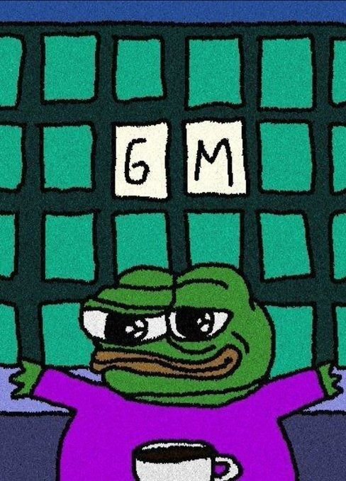 A drawing of Pepe the Frog wearing sunglasses and a purple shirt sits at a table with a coffee cup, with the letters 'G' and 'M' displayed in tiles above him.