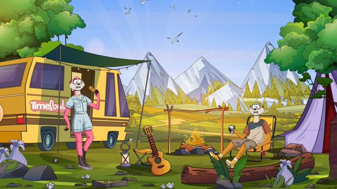 Two whimsical characters relax at a scenic campsite with a yellow "Timeless" RV, campfire, and guitar, set against a backdrop of mountains and birds. The image complements the post's theme of restful recharging, though it features no visible Sleepagotchi branding or dino characters.