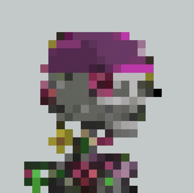 A heavily pixelated, low-resolution digital sprite depicts a figure with purple hair and a gray face or mask against a plain white background.