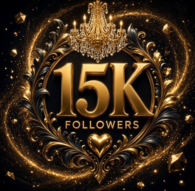 An ornate gold and black decorative graphic featuring a chandelier, swirling designs, and a gold heart, with the text '15K FOLLOWERS' prominently displayed.