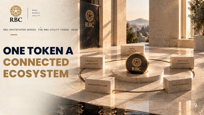 A promotional graphic for "RBC Utility Token 09/09" featuring a marble centerpiece displaying the RBC logo surrounded by stone blocks labeled "Real Assets," "Products & Services," "Infrastructure," "People & Community," and "Opportunities," with the headline "ONE TOKEN A CONNECTED ECOSYSTEM" reinforcing the visual concept of interconnected ecosystem pillars linked by a single token.