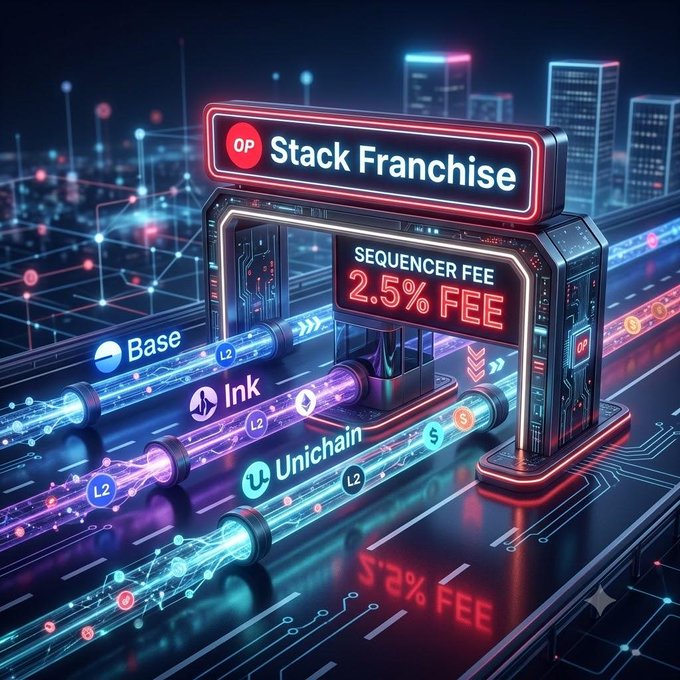 A futuristic neon-lit illustration of an 'OP Stack Franchise' showing a 2.5% sequencer fee with connections to Base, Ink, and Unichain L2 networks.