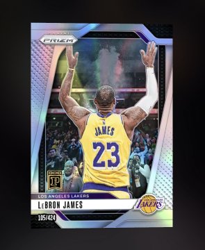 A LeBron James 2024 Panini Blockchain Prizm trading card (#105/424, Los Angeles Lakers #23) featuring a "Rookie" designation, showcased in a holographic refractor finish. The post highlights this NFT-style digital collectible as one of the "heat" pulls from a pack of 2024 Panini Blockchain Prizm cards.