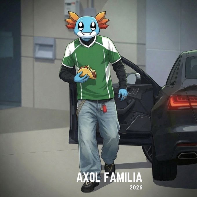Illustration of an axolotl mascot character named 'AXOL FAMILIA 2026' wearing a green jersey and jeans, holding a taco while stepping out of a black car.