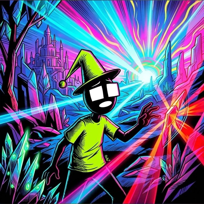 A colorful digital artwork showing a black cartoon character with glowing white eyes wearing a green wizard hat, surrounded by neon crystals and a magical castle.