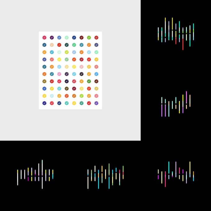 An abstract design featuring a grid of colorful checkmark icons alongside stylized vertical line elements resembling audio waveforms or candle charts on black backgrounds.