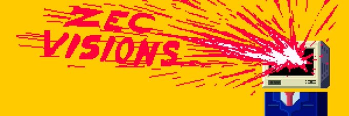 A pixel art-style banner with a yellow background displays 'ZEC VISIONS' in red text with a glitch effect, accompanied by an illustration of a figure with a computer monitor for a head.