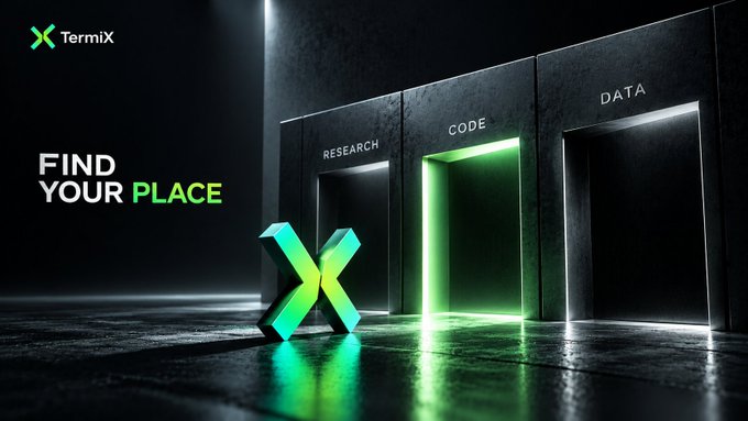 The image shows a dark, futuristic scene with a glowing green "X" logo and "TermiX" branding in the corner, alongside the text "FIND YOUR PLACE." Three illuminated doorways labeled "RESEARCH," "CODE," and "DATA" stand in a row, with the middle doorway glowing bright green to highlight it as the chosen path. This visual metaphor directly represents the post's message about agents specializing in different tasks—research, coding, and data—rather than competing for the same work, with the highlighted "CODE" doorway symbolizing TermiX's focus on code-related agent specialization.