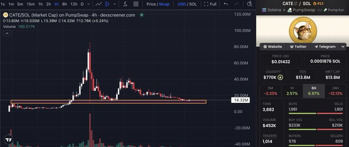 A DexScreener chart for CATE/SOL shows the token around $0.01432, down 2.33% over 24 hours, with roughly 70,000 liquidity and 3,882 transactions. The post frames the addition of another $15K as a bet that CATE’s growing holder base and Solana’s recovery above $100 could drive a meme-coin rally.